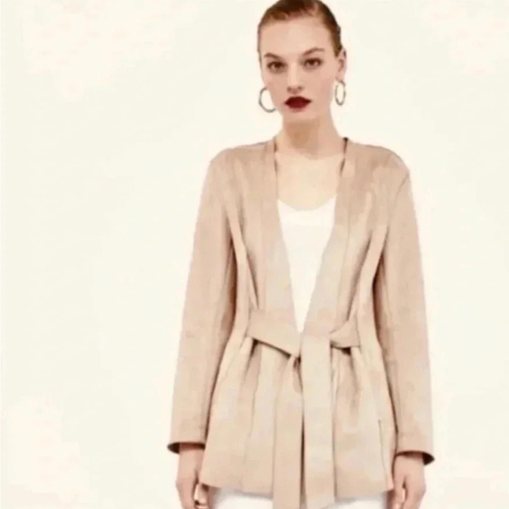 Zara Tan Blazer Wrap Style with Tie Belt